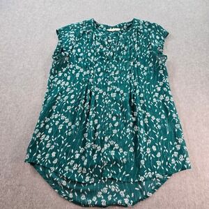 fun2fun Green Floral Pintuck Short Sleeve V-Neck Tunic Top XS